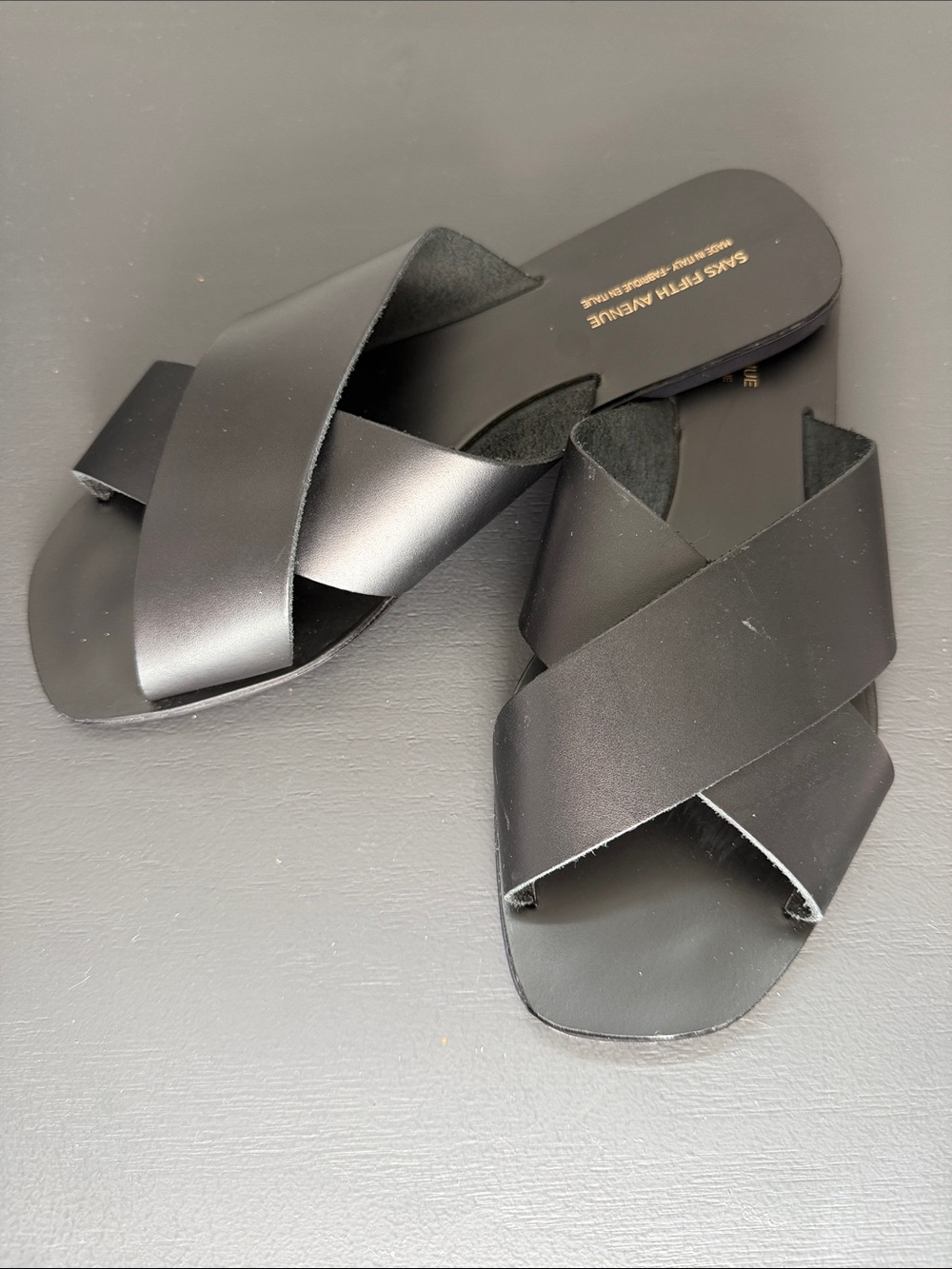 Saks Fifth Avenue Black Crossover Leather Slide Sandals